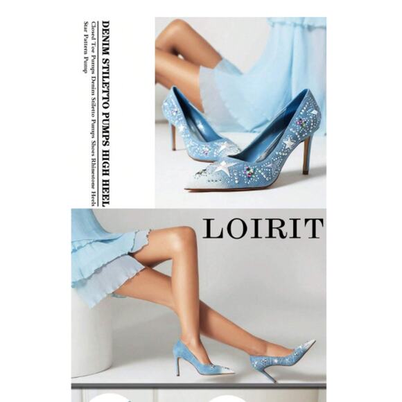 NEW Blue Jean Sparkly Rhinestone Star Embellished Denim Stiletto Heels - Picture 6 of 14